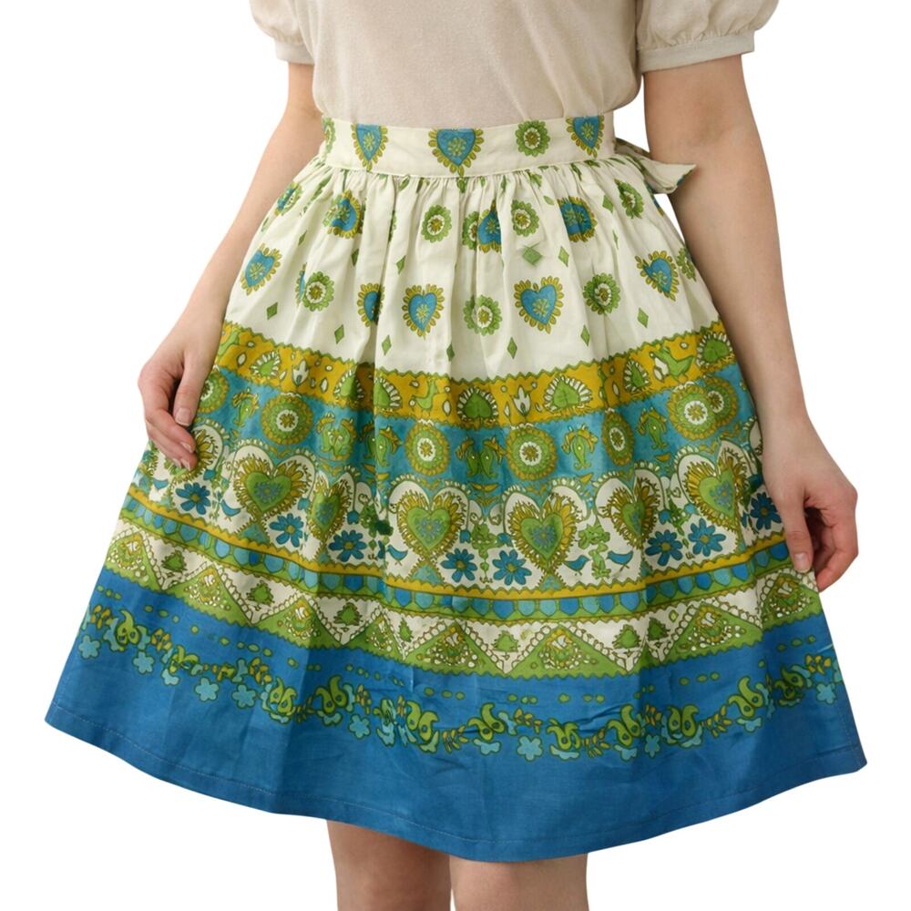 Vintage 60s Handmade Cotton Half Apron Love Birds Hearts Blue Green